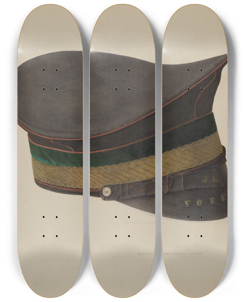 Triptych art skateboard deck of Alexander Anderson Volunteer Firemans Cap by Alexander Anderson