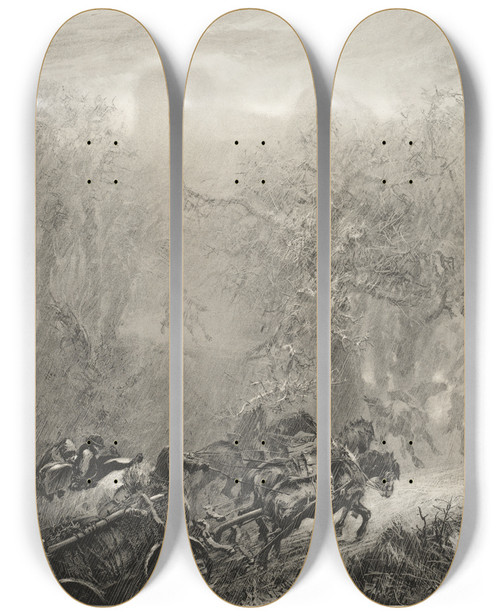 Triptych art skateboard deck of Adolph Von Menzel Essay On Stone With Brush And Scraper The Convoy Of Prisoners Through A Woods by Adolph Von Menzel (1815-1905)