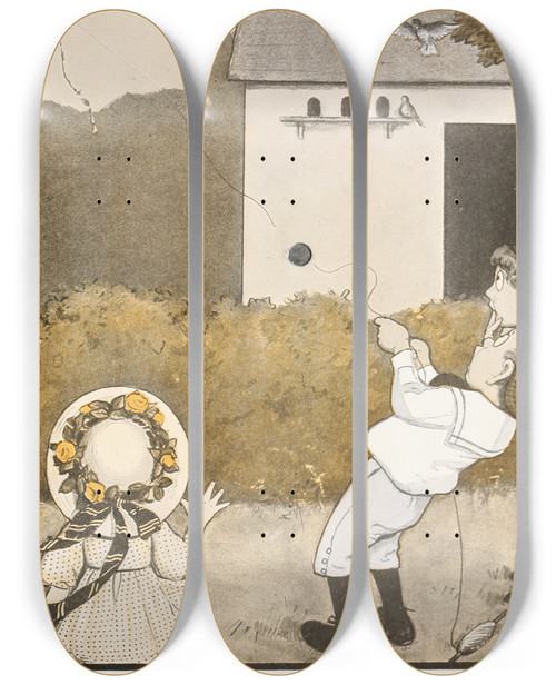 Triptych art skateboard deck of Peter Newell The Hole Book Pl 22 by Peter Newell (1862-1924)