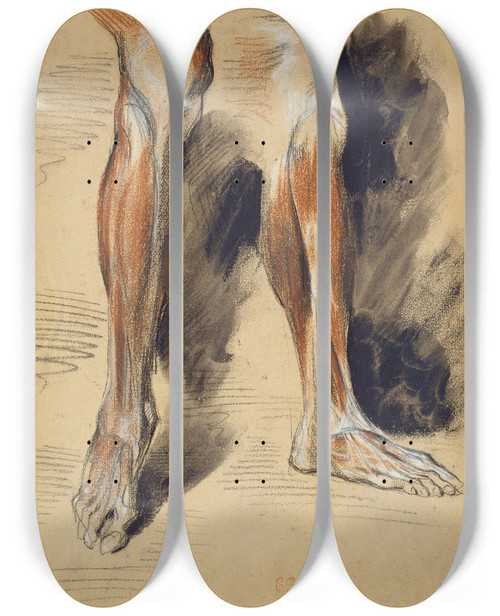Triptych art skateboard deck of Eugne Delacroix Studies Of A Right Leg by Eugene Delacroix (1798-1863)