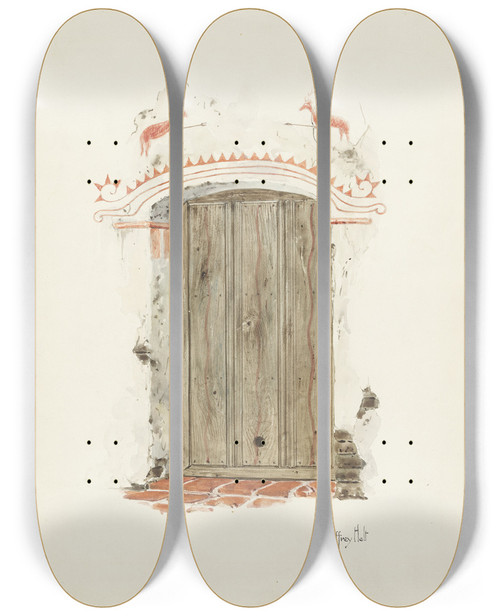 Triptych art skateboard deck of Geoffrey Holt Restoration Drawing Facade Of Mission House by Geoffrey Holt (20-)