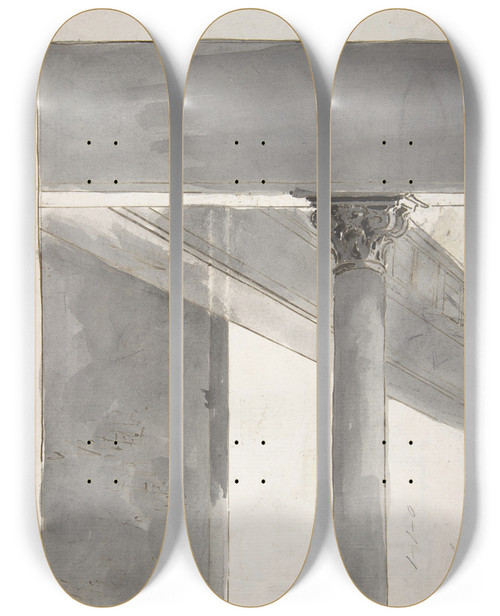 Triptych art skateboard deck of Francesco Guardi Fragment Of A Larger Drawing Representing Part Of A Column And A Cornice by Francesco Guardi (1712-1793)