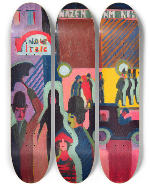 Triptych art skateboard deck of Ernst Ludwig Kirchner Store In The Rain by Ernst Ludwig Kirchner (1880-1938)