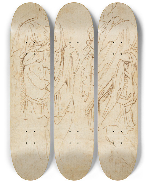 Triptych art skateboard deck of Nicolas Poussin Two Studies Of An Ancient Statue by Nicolas Poussin (1594-1665)