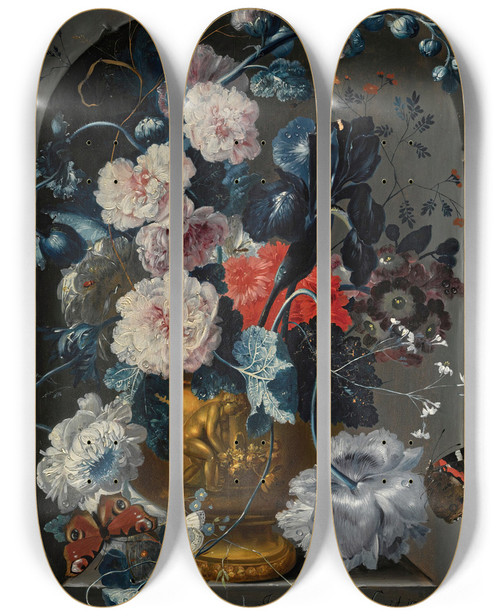 Triptych art skateboard deck of Johann Baptist Drechsler Still Life With Carnations Roses Hollyhocks Andother Flowers In A Sculpted Bronze Urn With Butterfliesin An Alcove by Johann Baptist Drechsler (1756-1811)