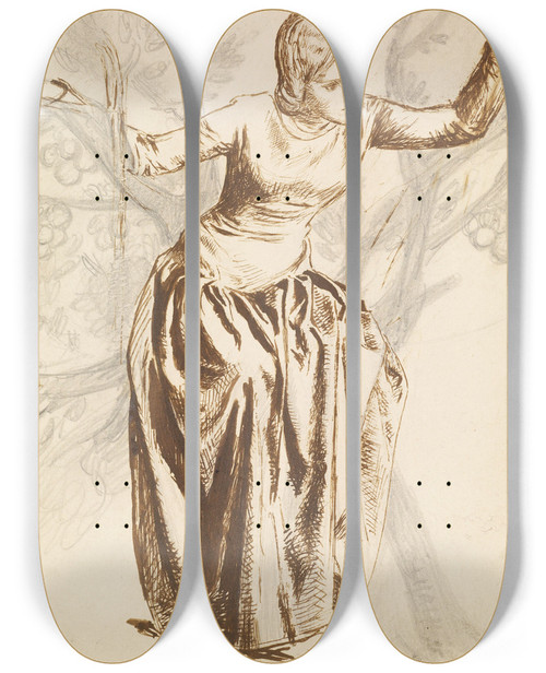 Triptych art skateboard deck of Dante Gabriel Rossetti Study Of Guenevere Seated In Apple Tree by Dante Gabriel Rossetti (1828-1882)