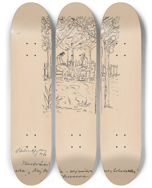 Triptych art skateboard deck of Zolo Palugyay The Most Beautiful The Wisest And The Most Valuable by Zolo Palugyay (1898-1935)