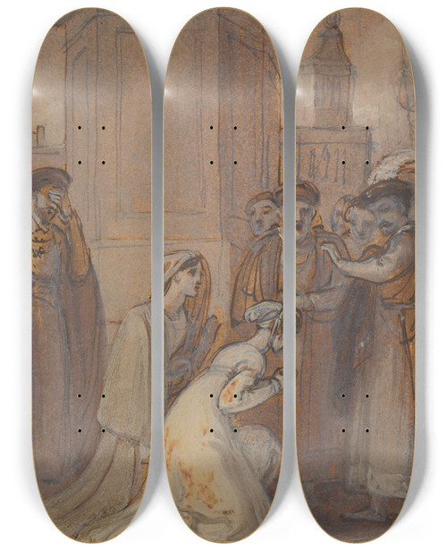 Triptych art skateboard deck of Robert Smirke Isabella And Mariana Kneeling Before The Duke by Robert Smirke (1752-1845)