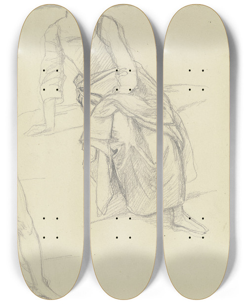 Triptych art skateboard deck of Jakob Becker Sitzendes Bauernmdchen Links Ein Angeschnittener Akt by Jakob Becker (1810-1872)