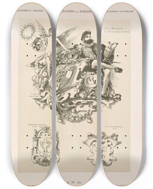 Triptych art skateboard deck of Albert Ilg Allegorien Und Embleme Vol Ii Pl056 by Albert Ilg (1847-1896)