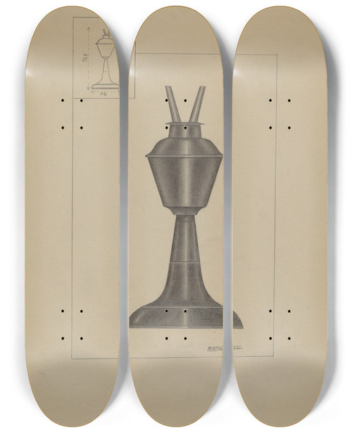 Triptych art skateboard deck of Matthew Mangiacotti Whale Oil Lamp by Matthew Mangiacotti
