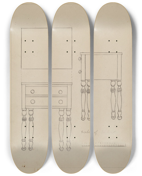 Triptych art skateboard deck of Edith Magnette Two Drawer Stand_2 by Edith Magnette (20-)