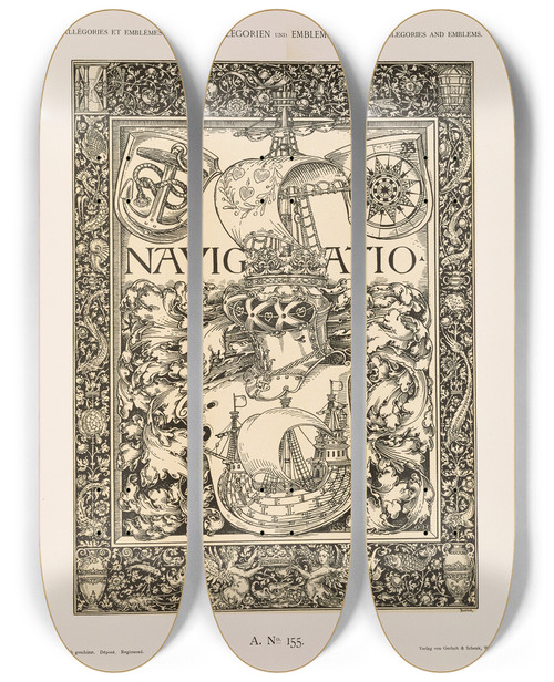 Triptych art skateboard deck of Albert Ilg Allegorien Und Embleme Vol Ii Pl167 by Albert Ilg (1847-1896)