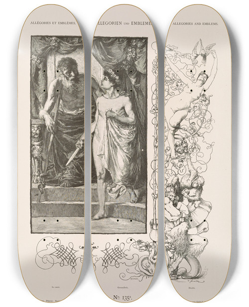 Triptych art skateboard deck of Albert Ilg Allegorien Und Embleme Vol I Pl160 by Albert Ilg (1847-1896)