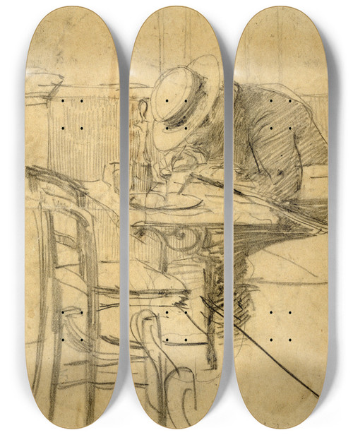 Triptych art skateboard deck of Giovanni Boldini Le Peintre Helleu Assis Une Terrasse De Caf by Giovanni Boldini (1842-1931)