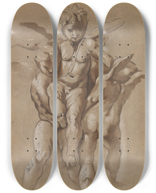 Triptych art skateboard deck of Giovanni Pietro Possenti Two Putti Carrying A Third Putti by Giovanni Pietro Possenti (1618-1659)