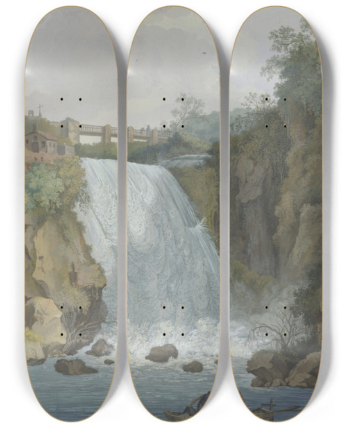 Triptych art skateboard deck of Carl Ludwig Hackert Wasserfall Ber Den Eine Brcke Fhrt Im Vordergrund Zwei Fischer In Einem Boot by Carl Ludwig Hackert (1751-1798)