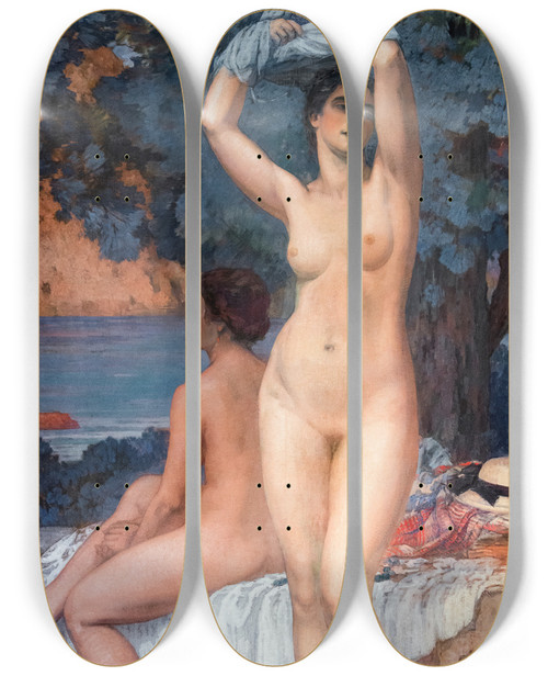 Triptych art skateboard deck of Pierre Magnanbernard  Deux Nus Devant La Mer by Pierre Magnan-Bernard