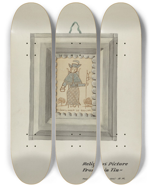Triptych art skateboard deck of Majel G Claflin Hand Drawn Santo Nino De Atocha Hand Made Tin Frame by Majel G Claflin (1893-1941)