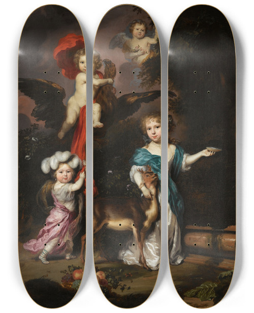 Triptych art skateboard deck of Nicolaes Maes Pastoral Family Portrait Of Four Children Personifying Mythological Figures Including Ganymede And Diana With A Deer by Nicolaes Maes (1634-1693)