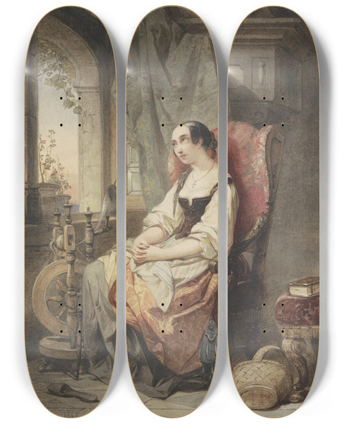 Triptych art skateboard deck of Nicaise De Keyser Greteken Bij Het Spinrokken Zittend Bij Een Open Raam by Nicaise De Keyser (1813-1887)