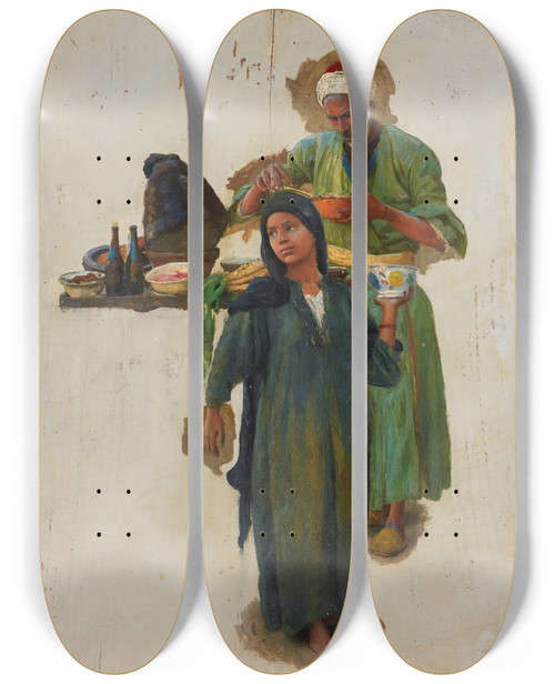 Triptych art skateboard deck of Ludwig Deutsch Study Of A Man And Agirl Holding A Bowl by Ludwig Deutsch (1855-1935)