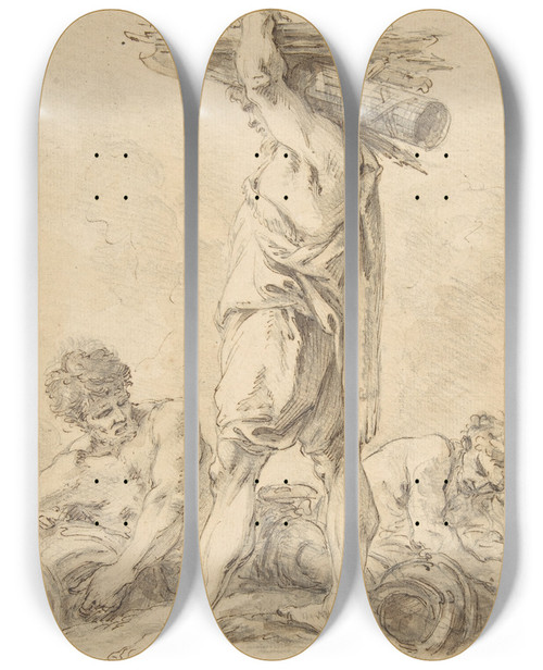 Triptych art skateboard deck of Franois Boucher Standing Man Carrying Fasces And Arms by Francois Boucher (1703-1770)
