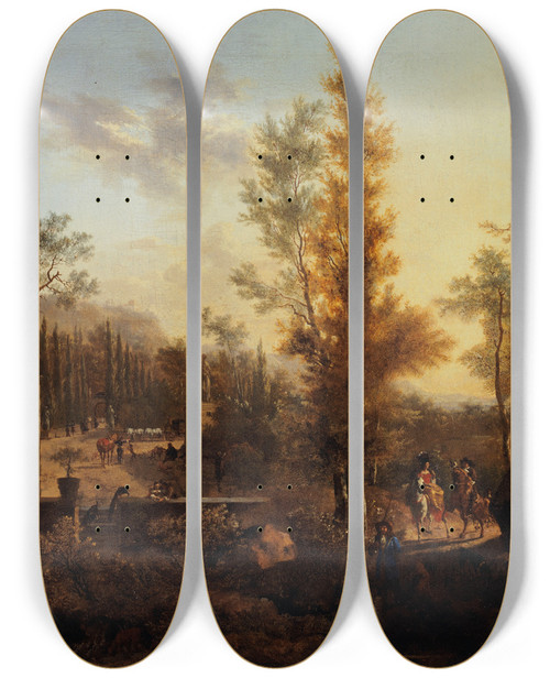 Triptych art skateboard deck of Frederik De Moucheron Le Dpart Pour La Chasse by Frederik De Moucheron (1633-1686)