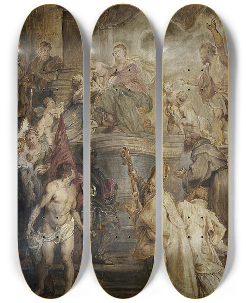 Triptych art skateboard deck of Peter Paul Rubens The Mystic Marriage Of St Catherine Colour Sketch For The Altar Of The Church Of The Augustinian Fathers In Antwerp by Peter Paul Rubens (1577-1640)