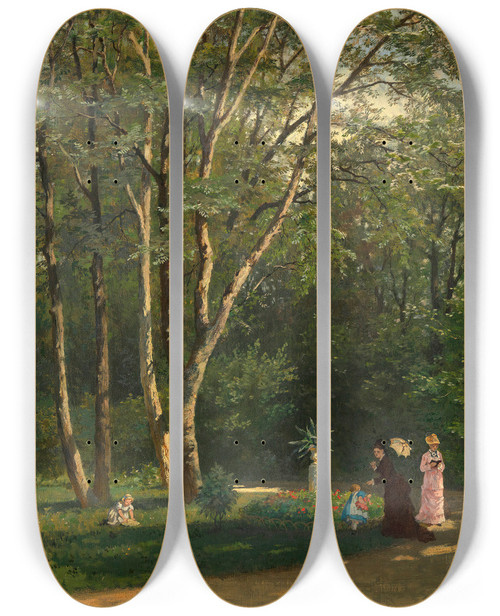 Triptych art skateboard deck of Hugo Darnaut In Einem Wiener Garten Ii Praterstrae 60 by Hugo Darnaut (1850-1937)