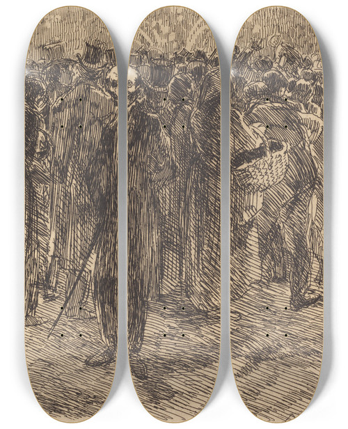Triptych art skateboard deck of Albert Besnard In The Crowd Dans La Foule by Albert Besnard (1849-1934)