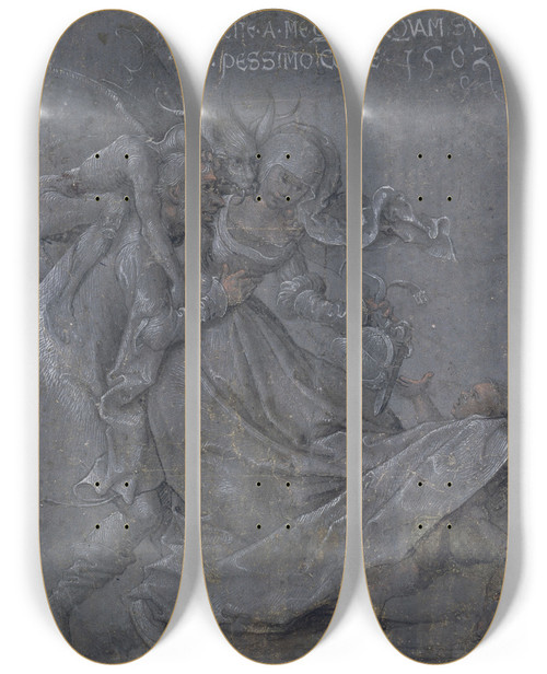 Triptych art skateboard deck of Bernhard Strigel Pair Of Lovers With The Devil And Cupid by Bernhard Strigel (1460-1528)
