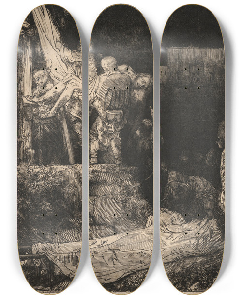 Triptych art skateboard deck of Rembrandt Van Rijn The Descent From The Cross By Torchlight_2 by Rembrandt Van Rijn (1606-1669)