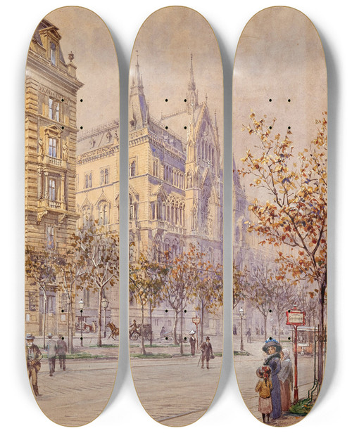 Triptych art skateboard deck of Ludwig Hans Fischer Shnhaus In Schottenring At Vienna Ringstrae by Ludwig Hans Fischer (1848-1915)