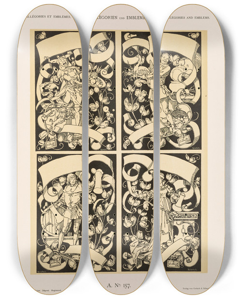 Triptych art skateboard deck of Albert Ilg Allegorien Und Embleme Vol Ii Pl169 by Albert Ilg (1847-1896)