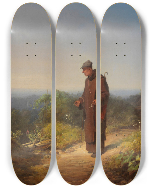 Triptych art skateboard deck of Carl Spitzweg Mnch Sie Liebt Mich Von Herzen Ein Wenig by Carl Spitzweg (1808-1880)