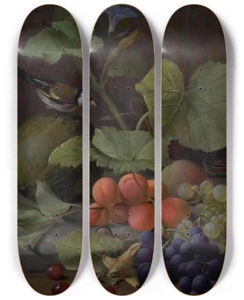 Triptych art skateboard deck of Otto Didrik Ottesen Still Life With Fruits And A Goldfinch by Otto Didrik Ottesen (1816-1892)