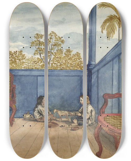 Triptych art skateboard deck of Jan Brandes Galerij Met Zoon Jantje En Slavinnetje Bietja by Jan Brandes (1743-1808)