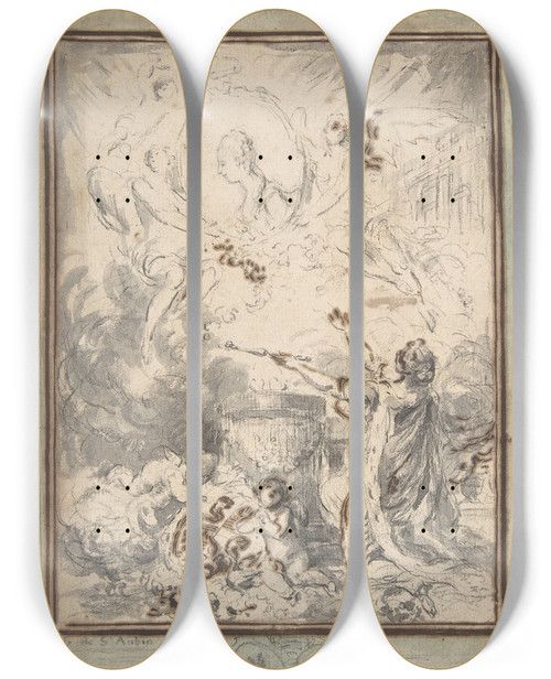Triptych art skateboard deck of Gabriel De Saintaubin Allegory On The Marriage Of The Dauphin And Marieantoinette In 1770 by Gabriel de Saint-Aubin (1724-1780)