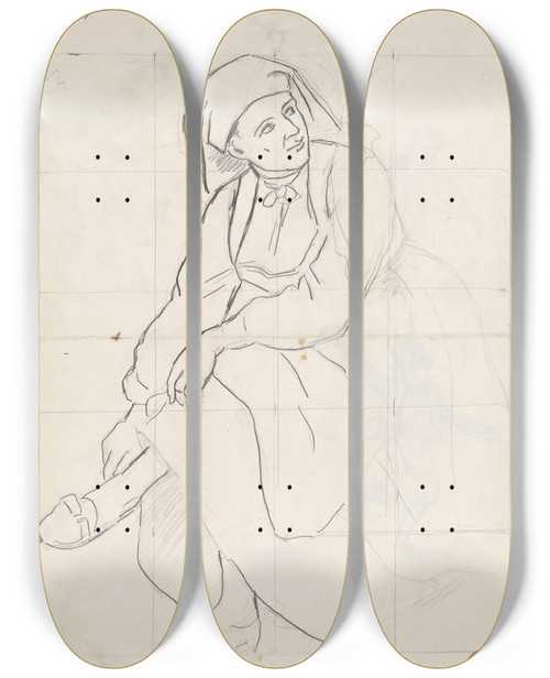 Triptych art skateboard deck of Adolph Tidemand Sittende Kvinne_1 by Adolph Tidemand (1814-1876)