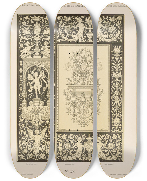Triptych art skateboard deck of Albert Ilg Allegorien Und Embleme Vol I Pl032 by Albert Ilg (1847-1896)