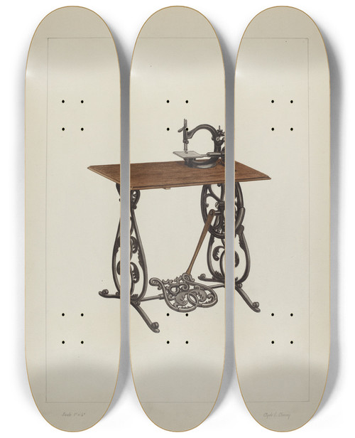 Triptych art skateboard deck of Clyde L Cheney Sewing Machine by Clyde L Cheney