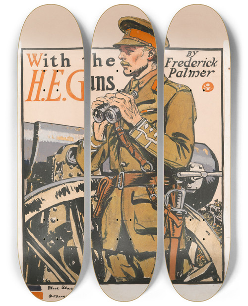 Triptych art skateboard deck of Edward Penfield With The He Guns By Frederick Palmer by Edward Penfield (1866-1925)