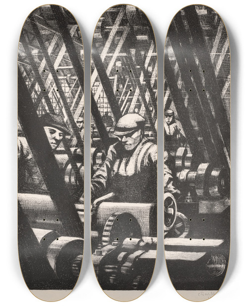 Triptych art skateboard deck of Christopher R W Nevinson Building Aircraft Making The Engine by Christopher R W Nevinson (1889-1946)