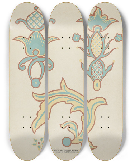 Triptych art skateboard deck of American 20Th Century San Juan Capistrano Mission Altar Dome From The Portfolio Decorative Art Of Spanish California by American 20Th Century