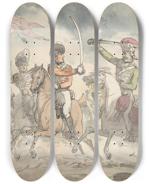 Triptych art skateboard deck of Thomas Rowlandson Unused Study For A Plate To Hungarian And Highland Broadsword Exercise Feb 12 1799 by Thomas Rowlandson (1756-1827)