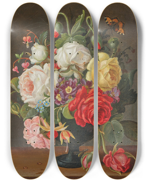 Triptych art skateboard deck of Christian Juel Mllback Floral Still Life_1 by Christian Juel Mollback (1853-1921)