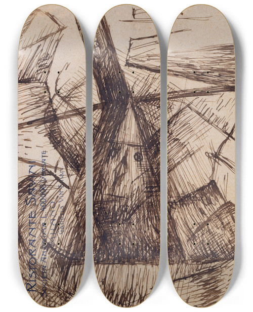 Triptych art skateboard deck of Umberto Boccioni Study For Fusion Of A Head And A Window by Umberto Boccioni (1882-1916)