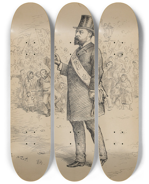 Triptych art skateboard deck of Thomas Nast Mayor With Angry Mob by Thomas Nast (1840-1902)