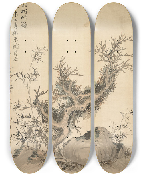Triptych art skateboard deck of Tsubaki Chinzan Frosted Branches And Dwarf Bamboo by Tsubaki Chinzan (1801-1854)